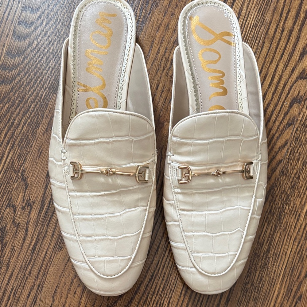 Sam Edelman Cream Croc-Embossed Leather Slip-On Mules with Gold Horsebit
